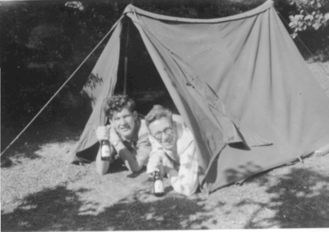 Camping at Selsey. Alan Stratman and Brian Major with their favourite tipple